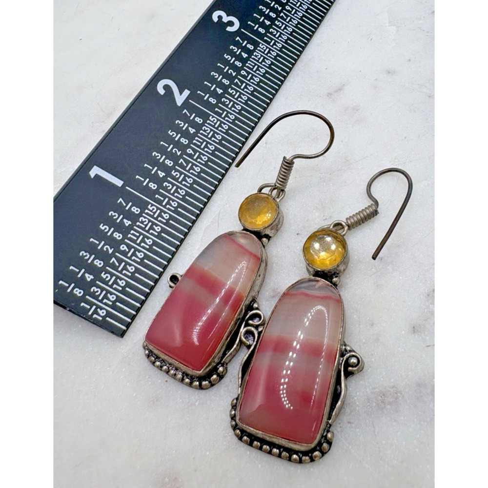 Pink Striped Agate Earrings on a wire with topaz set in sterling silver - Picture 5 of 7